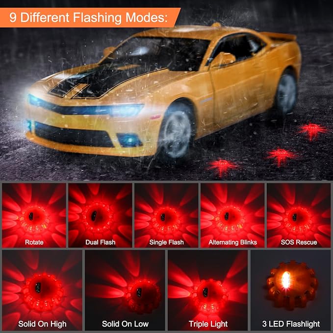 12 Pack LED Road Emergency Roadside Lights Flashing Safety Warning Kit Beacon Magnet Hook Vehicle Boat Truck Disc Magnetic Flash Cars Security Driveway Automotive Strobe
