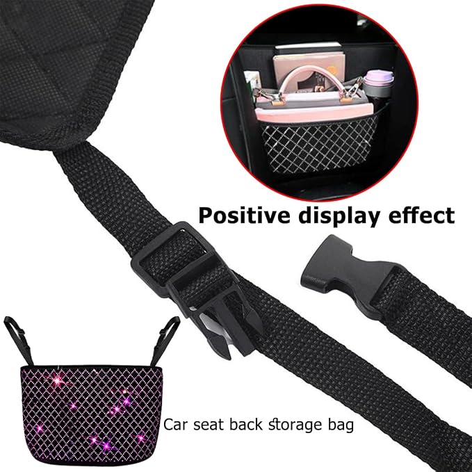 Bling Car Net Pocket Handbag Holder, Rhinestone Vehicle Backseat Purse Organizer Between Seats, Diamond Hanging Storage Bag Barrier of Pet Kids, Universal Automotive Accessories (Pink)