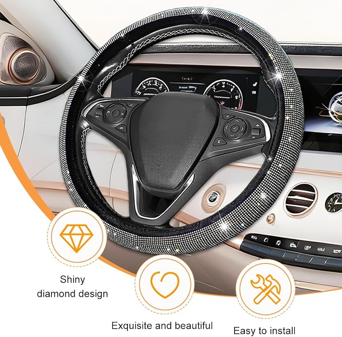 11PCS/Set Bling Car Accessories Set for Women, Rhinestone Vehicle Steering Wheel Cover Seat Belt Cushion Gear Shift Protector Cup Holder Coaster, Universal Automotive Accessories (Multicolor)