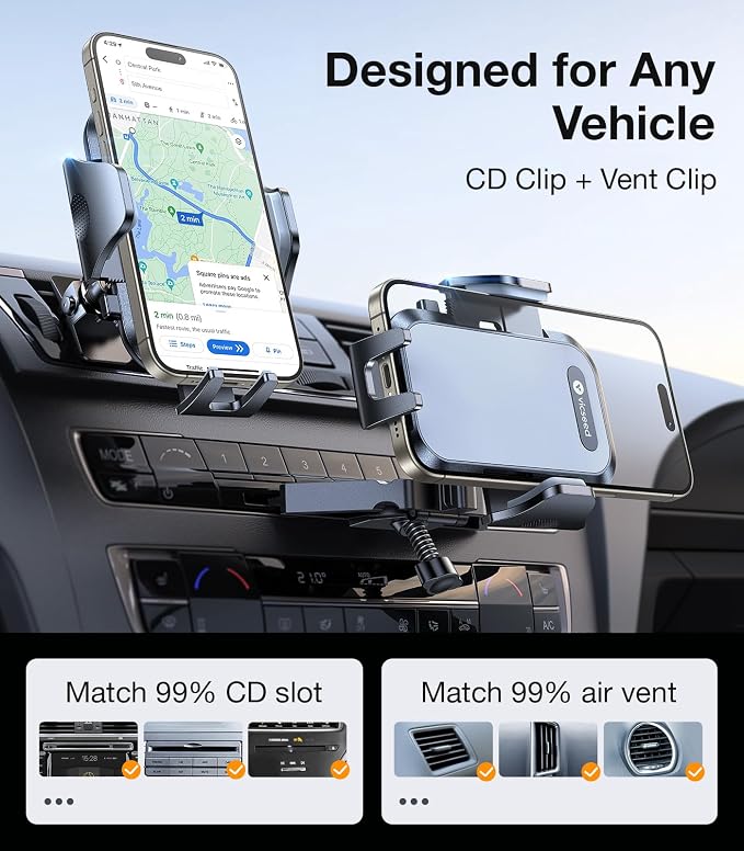 Military-Grade Sturdy Car Phone Holder Mount, Upgraded Anti Shake Metal CD Slot & Air Vent Thick Case Friendly Phone Mount for Car Fit for iPhone 17 16 15 Samsung All Phones