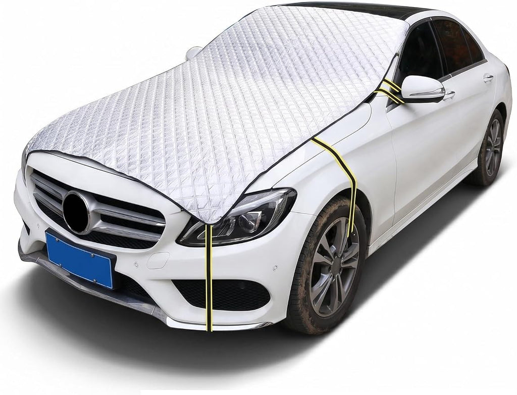 Half Car Cover, Windshield Cover for Ice and Snow, Hail Protector Car Covers, Aluminum Foil Heat Block Sunshade Hood Covers, Universal for Most Cars, SUVs, Trucks (Silver)