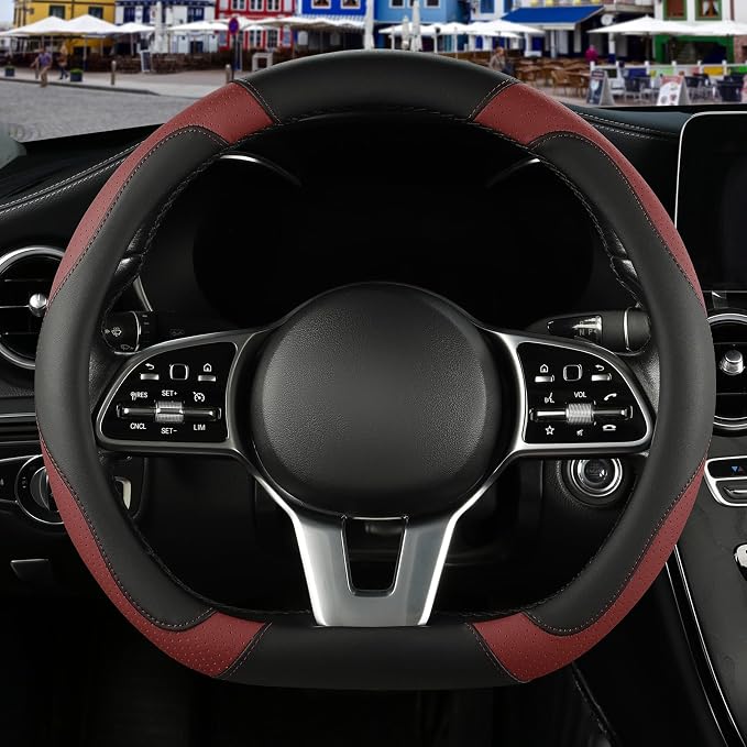 Black Burgundy Microfiber Leather D Shaped Steering Wheel Cover | Breathable Anti Slip Grip Cool Sporty Look Glow for Women Men