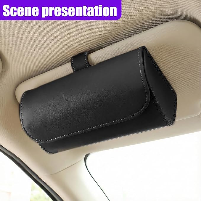 Sunglasses Holder for Car Sun Visor, Leather Car Sunglass Holder with Hidden Magnetic Closure, Clip On Glasses Case, Universal Storage Box Organizer Accessories (Black)