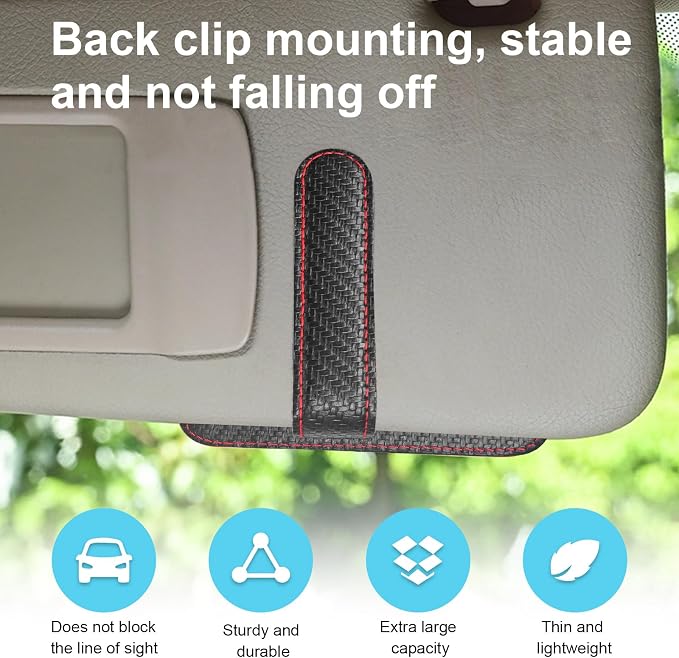 Small Leather Car Sun Visor Organizer, Multifunctional Auto Visor Document Holder with Sunglasses Clip, Universal Car Interior Organizer for Driving License, Card, Pen (Black&Red)