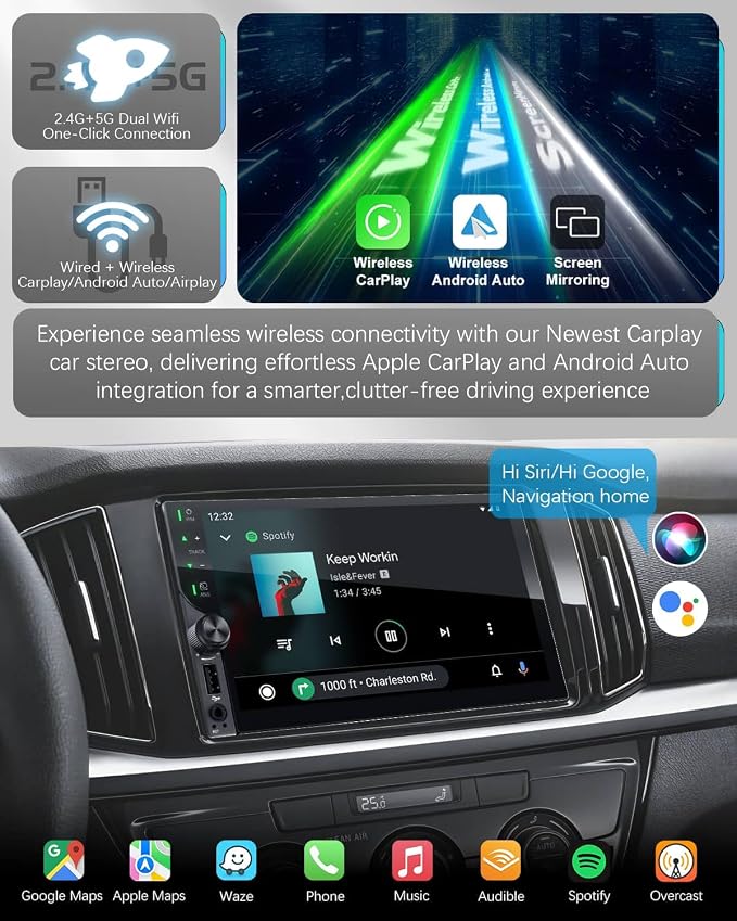【 2026】7" QLED Double Din Car Stereo Wireless Apple Carplay& Android Auto,Car Radio upgrade AHD Backup Camera, 2.5D Hardened Tempered Touch,Extra Filter,DSP, Bluetooth, MirrorLink, SWC, FM/AM
