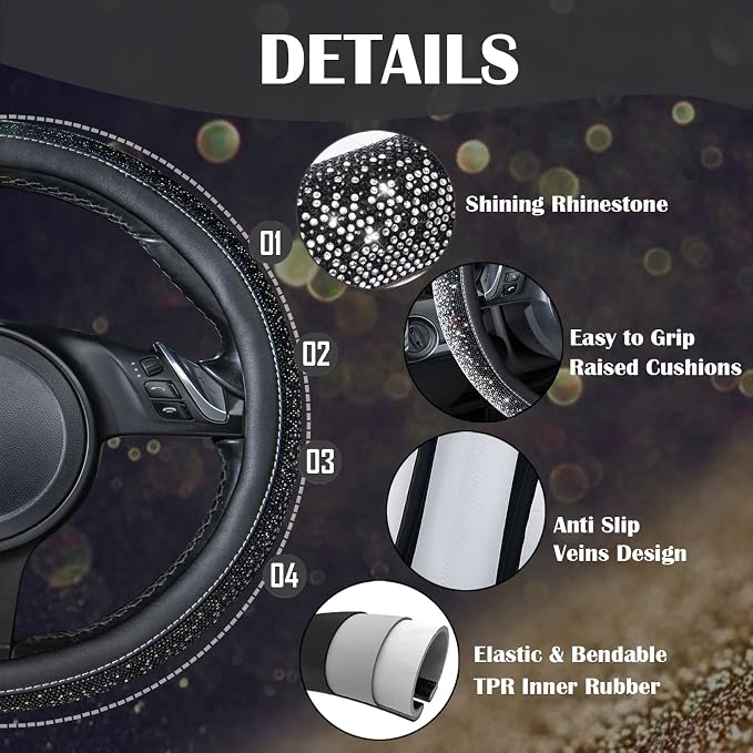 Bling Diamond Leather Steering Wheel Cover, Bling Sparkly Crystal Glitter Rhinestones Universal Fit 14" 1/2-15" Car Wheel Protector for Women Girl Fit Suvs,Vans,Sedans,Trucks, Black Silver