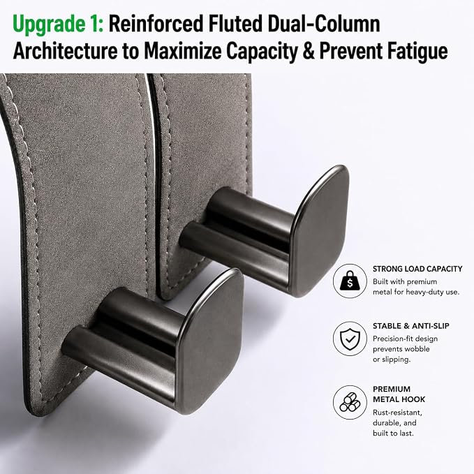 2Pcs Wide Car Headrest Hooks for Purses and Bags, 2026 Upgraded 0.98” Wide Opening for Thick Bag Handles, Premium Leather Car Seat Hanger with Dual Metal Hooks, WideFit Gray