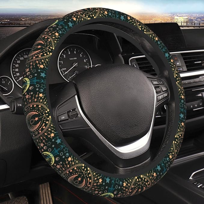 Magical Astrology Moon Star Steering Wheel Cover for Women Men Girls Car Accessories Decor Anti-Slip Neoprene Auto Steering Wheel Covers Protector Universal 15 Inch