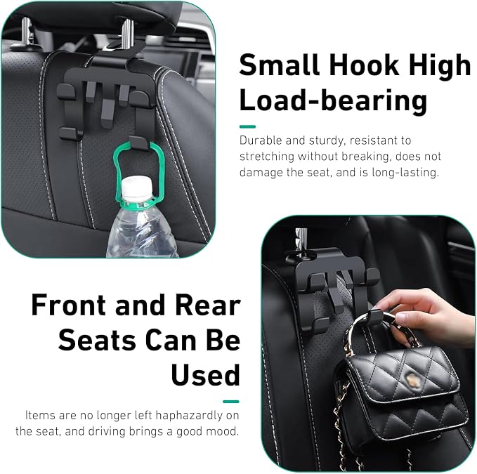 2 PCS Car Headrest Hooks, Multi-functional Seat Back Hanger for Phone & Bag & Umbrella, ABS Load Capacity Hidden Hanging Hook, Interior Organizer for Most Vehicles (Black)