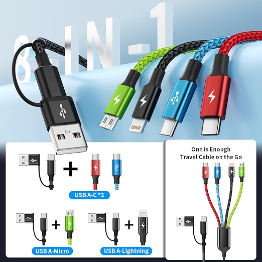 4 in 2 Multi Charging Cable, 2 Pack 5FT Dual Input Charging Cords | USB A & USB C Inputs with Dual USB C, IP & Micro Outputs, Travel Essentials, Phone Charger for Multiple Devices