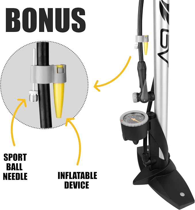 BV Bicycle Pump Durable Bike Floor Pump 17/24 inch Smart Valve Head, 160 psi, Automatically Reversible Presta and Schrader