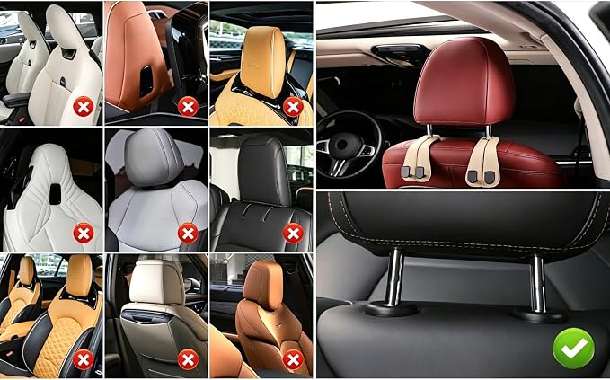 2 Pack Car Headrest Hooks for Purses and Bags Cute Leather Car Seat Back Head Rest Double Hooks for Bags Cute Pink Beige Car Accessories Headrest Back Seat Handbags Hook (Black 2 Pack)