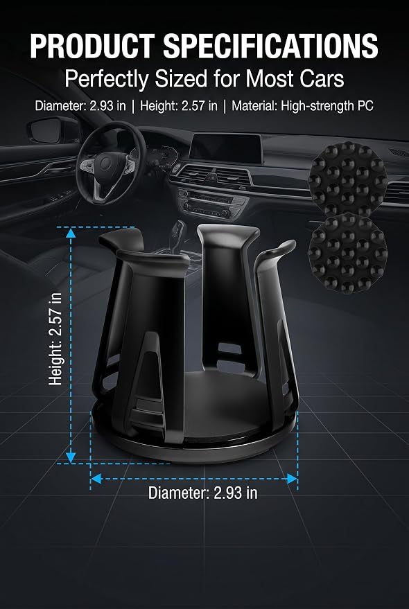 2 PCS Car Cup Holder Expander, Self-Adhesive Cup Holder Adapter with Adjustable Base and Clamp Arms, Universal Automotive Cup Holder Insert for Center Console (Black)