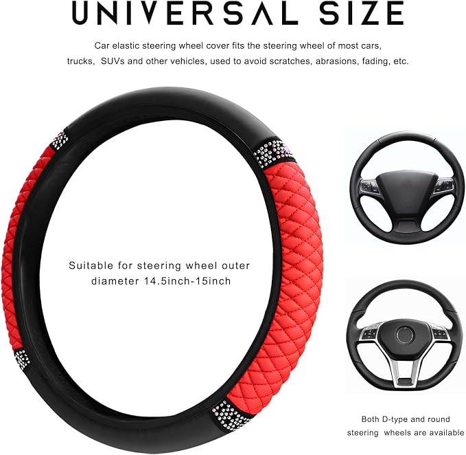 Bling Car Steering Wheel Cover, 15 Inch Sparkly Rhinestone Soft Leather Steering Wheel Protector, Non-Slip Universal Auto Elastic Steering Wheel Covers for Women Girls (Red)