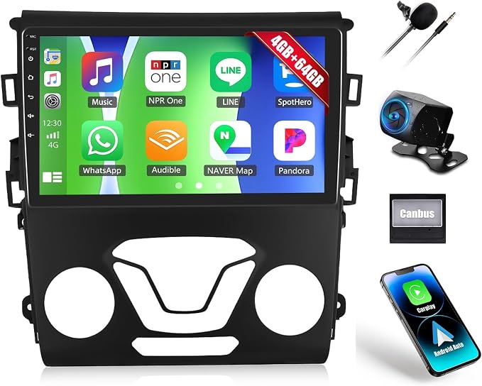 4G+64G Android 15 Car Radio for Ford Fusion 2013 2014 2015 2016, 9 Inch 1280 * 720 Touch Screen Car Stereo with Wireless CarPlay Android Auto Bluetooth 5.0 32EQ FM GPS Navigation Backup Camera