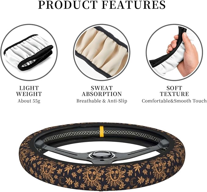Elastic Sun Moon Leaves Car Steering Wheel Cover Protector Upgrade Thicken,Gold Boho Black,Anti Slip Durable Soft Car Interior Decor for Diverse Cars Truck SUV for Men Women Universal 15 Inch