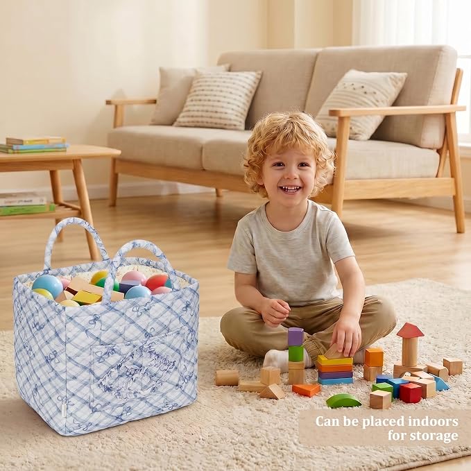 Floral Fabric Storage Basket Car Interior Storage Basket Underwear Sundries Laundry Baskets Supplies Home Organizer Bag (blue bow)