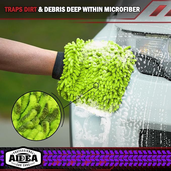 AIDEA Car Wash Mitt Microfiber, 1PK, Car Wash Brush, Green, 7.12' X10.14'' | Scratch Free Lint-Free Premium Chenille Microfiber Mitt, Cleaning Supplies, Regular Size