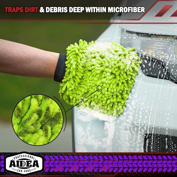AIDEA Car Wash Mitt Microfiber, 2PK, Car Wash Brush, 8' X12'' | Scratch Free Lint-Free, Premium Chenille Microfiber Mitt, Extra Large Size, Green & Blue