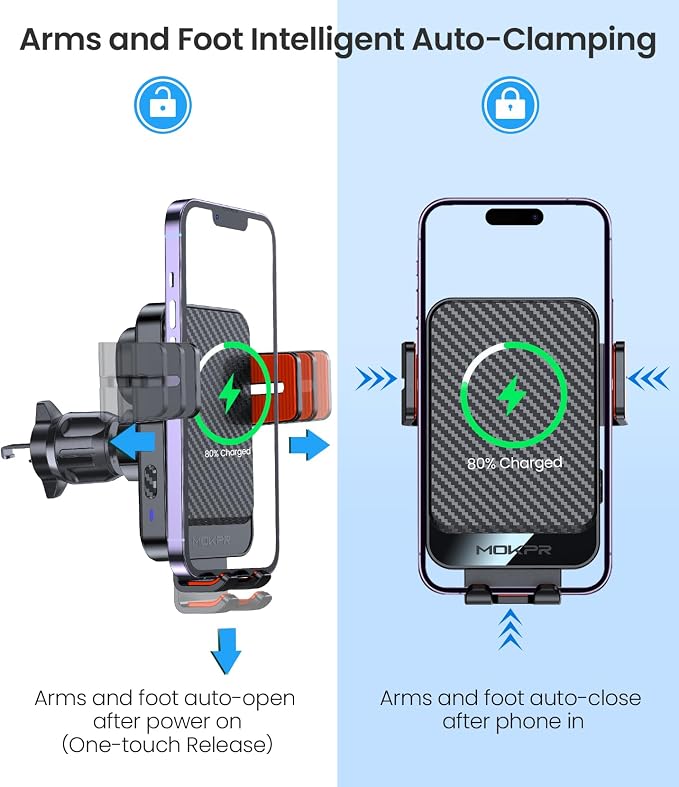 Wireless Car Charger, 15W Fast Charging Auto-Clamping Car Mount Hands-Free Car Charger Mount for Dash Windshield Air Vent Compatible with iPhone 16 15/14/13/12, Samsung S23/S22/S21,red