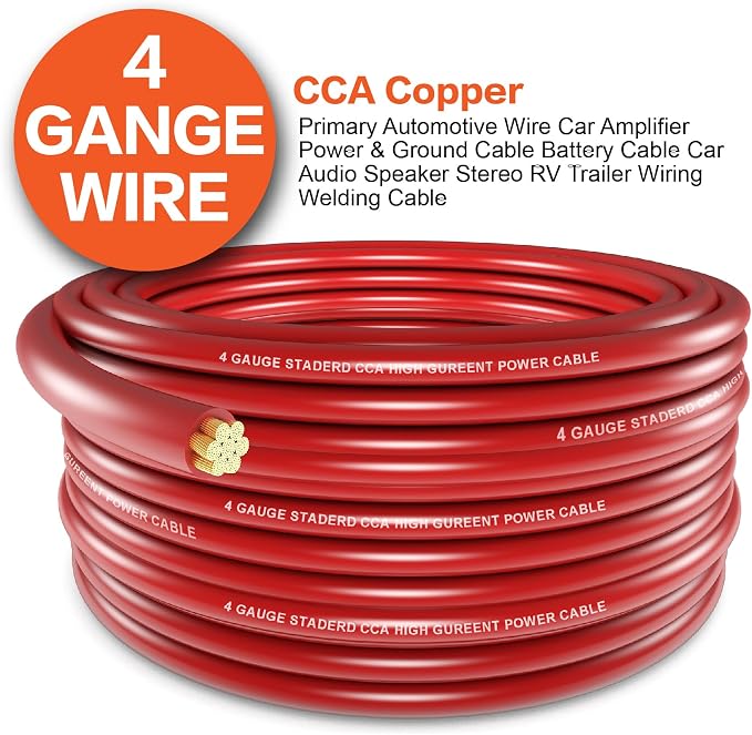 4 Gauge Wire (25ft Each - Red/Black) Copper Clad Aluminum CCA - Primary Automotive Wire,Battery Power/Ground Cable, 20PCS Lugs Terminal Connectors,20PCS 3:1 Heat Shrink Tubing with 100A ANL Fuse