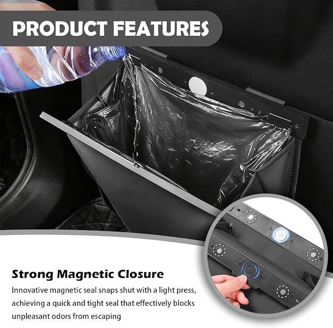 2026 New Car Trash Can with LED Light & Strong Magnet Closure,Leather Car Trash Bin with 12 Bags,Large Capacity Cars Garbage Can as Cars Organizer for Back Seat/Door