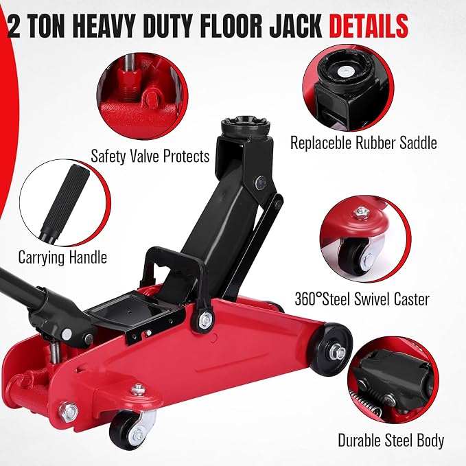 2 Ton Low Profile Hydraulic Floor Jack, Reinforced Steel Trolley Jack with 360° Swivel Casters, Safety Valve & Oxford Storage Bag for Car SUV Truck 4x4