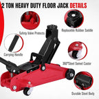 2 Ton Low Profile Hydraulic Floor Jack, Reinforced Steel Trolley Jack with 360° Swivel Casters, Safety Valve & Oxford Storage Bag for Car SUV Truck 4x4