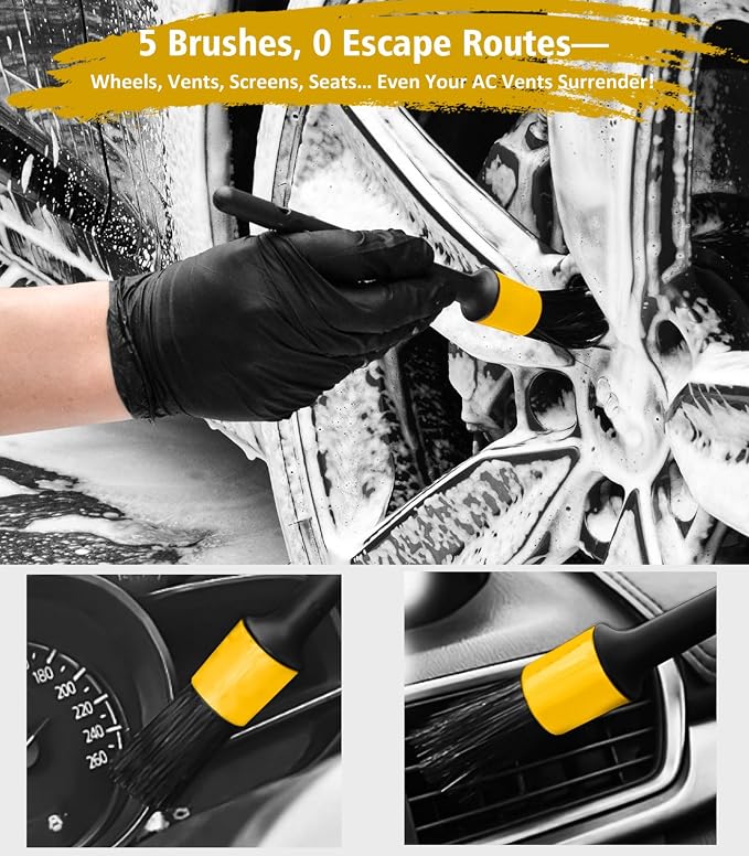 Car Wash Kit, Extendable Car Wash Brush Mop with Long Handle, 5pcs Detailing Brush, 1pc Wheel Brush and Microfiber Towel Car Cleaning Kit Supplies Accessories, Ginger