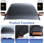 All-Season Car Windshield Frost Shield, Heat Blocking Car Windshield Weather Cover with Reflective Strips, Adsorption Design Front Window Ice Snow Shield, Universal for Most Cars (Black)