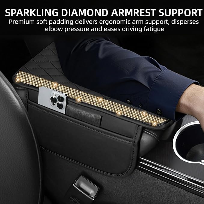 Bling Car Center Console Cover, Leather Car Arm Rest Cover Cushion with 2 Storage Bags, Universal Auto Armrest Protector, Bling Accessories Interior for Most Vehicles(Champagne Diamond)
