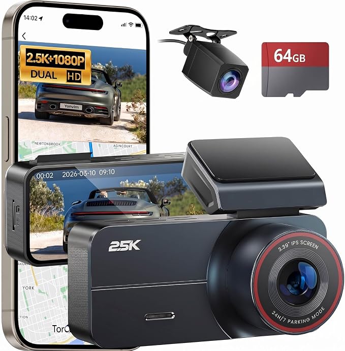 Dash Cam 2.5K Front and Rear with 64GB Card, Car Dashboard Camera with WiFi GPS, 3.39" IPS Screen, WDR Night Vision, Loop Recording, G-Sensor, 160 Wide Angle - Easy Setup for Daily Commuters