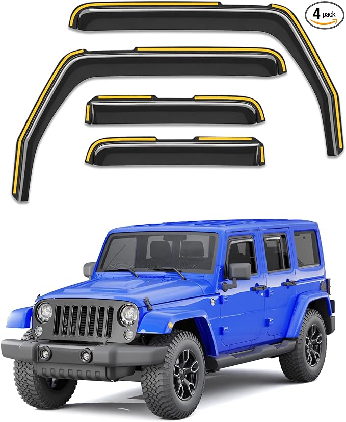in-Channel Window Visors Rain Guards Fit for Jeep Wrangler JK 2007-2018, Window Rain Guards Vent Visors, Window Deflector Vent Shades for Jeep Wrangler JK 07-18, Car Accessories -4 pcs