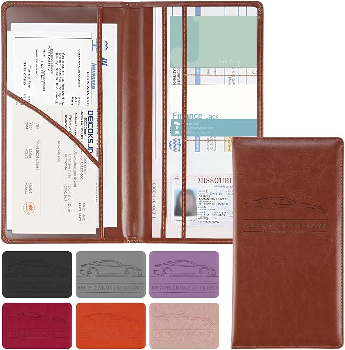 2Pack Car Registration and Insurance Holder,Car Document Holder for Cards License with Magnetic Shut,Vehicle Glove Box Car Organizer for Documents, Cards, License(Brown)