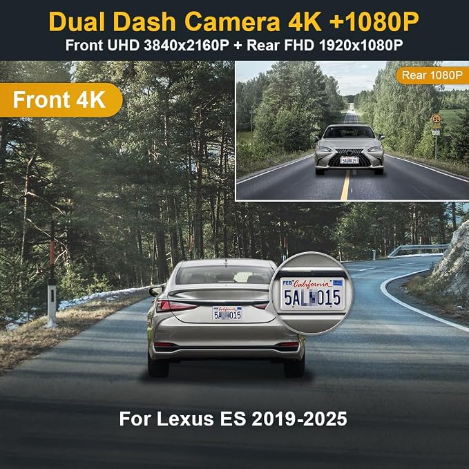 Front 2160P+Rear 1080P Dash Cam Adapts for Lexus ES 2019-2025 ES350 ES300h ES250 F Sport, OEM Style, Dual HD Video, Built-in WiFi & APP, Loop Recording, G-Sensor, Easy to Use, 128GB Card