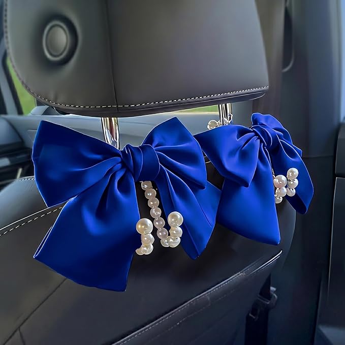 2 PCS Bow Pearl Car Seat Headrest Hook – Cute Purse Hook for Car, Girly Interior Decoration Accessories Hook Hanger, Seatback Holder for Purses & Bags, Elegant Car Organizer (Deep Blue)