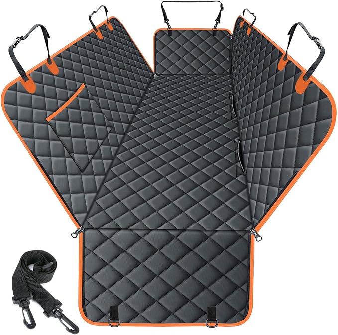 Waterproof Dog Car Seat Cover for Back Seat - Durable, Scratch Proof Pet Hammock with Nonslip Design & Storage Pockets, Fits Cars, SUVs, Trucks- S, Black/Orange