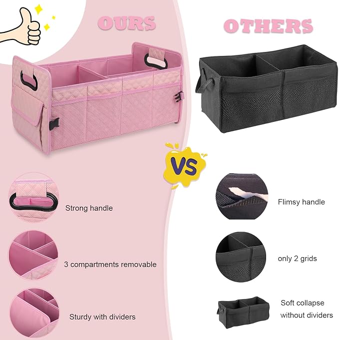 Car Trunk Organizer for SUV, Car Storage Organizer Collapsible Multi Compartment Container Box, Adjustable Car Accessories for Women/Men, Large Pink
