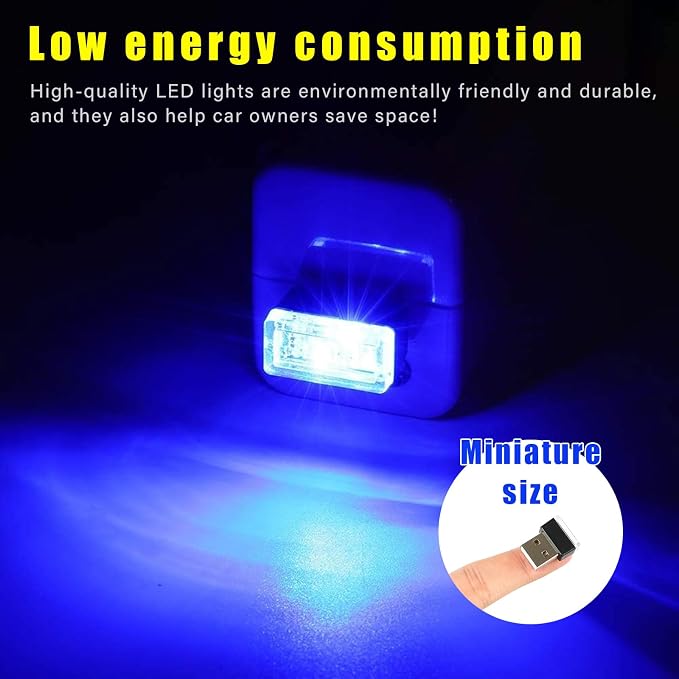 4 PCS USB LED Car Interior Atmosphere Lamp, Plug-in USB Decor Night Light, Portable Auto Ambient Lighting Kit, Universal Vehicle Interior Accessories for Most Cars (Blue)