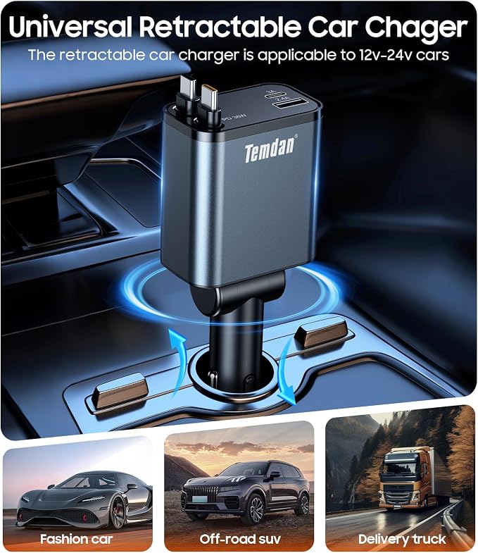 Retractable Car Charger, 4 in 1 Fast Charger USB C Car Truck Accessories for Men Women, Car Accessories for Valentines Day Gifts for Him Her, for iPhone 17 Pro Max/16 Pro Max/15 Pro Max,Galaxy