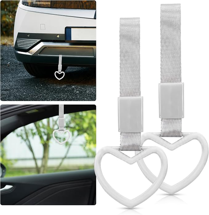 2 Pcs Heart Shaped Car Handle Strap – JD M Drift Charm Rear Bumper Warning Ring Decor for Car Interior Exterior, Subway Bus Handle Accessory, Cute Heart Car Decor Gift for Drivers (White-Silver)