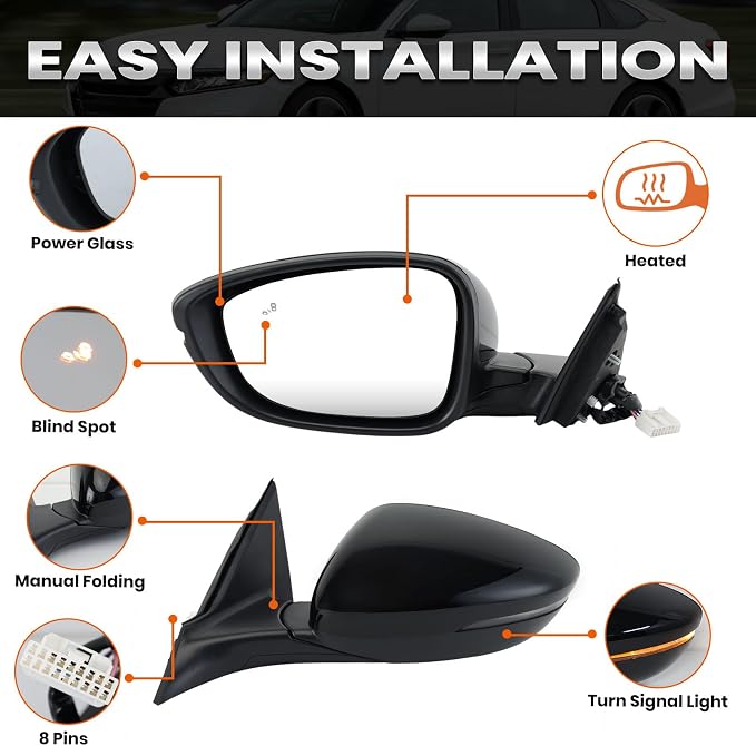 Left Driver Side Mirror Compatible with 2018-2022 Honda Accord Power Glass | Heated | with Blind Spot |with Turn Signal | Manual Folding Repalces HO1320330 (8Pins-Black)