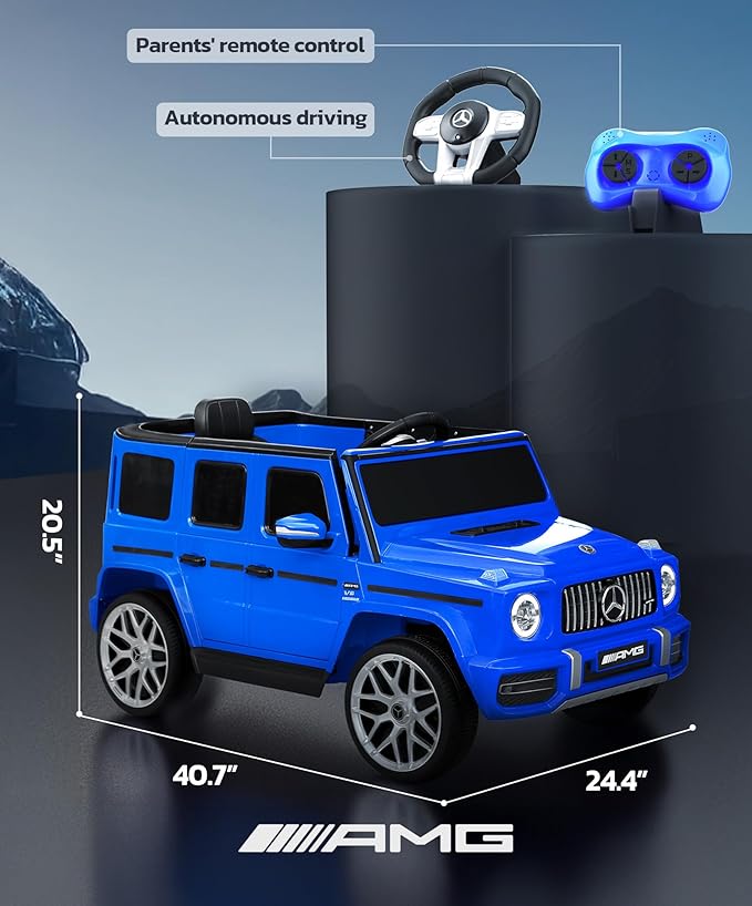Licensed Mercedes-Benz AMG G63 Ride on Toys,All-Terrain Kids Car with 2.4G Remote Control,Battery Powered Electric Ride On Vehicle w/Bluetooth,Dual Mode of Flashing Light/LED Light,Music,Blue