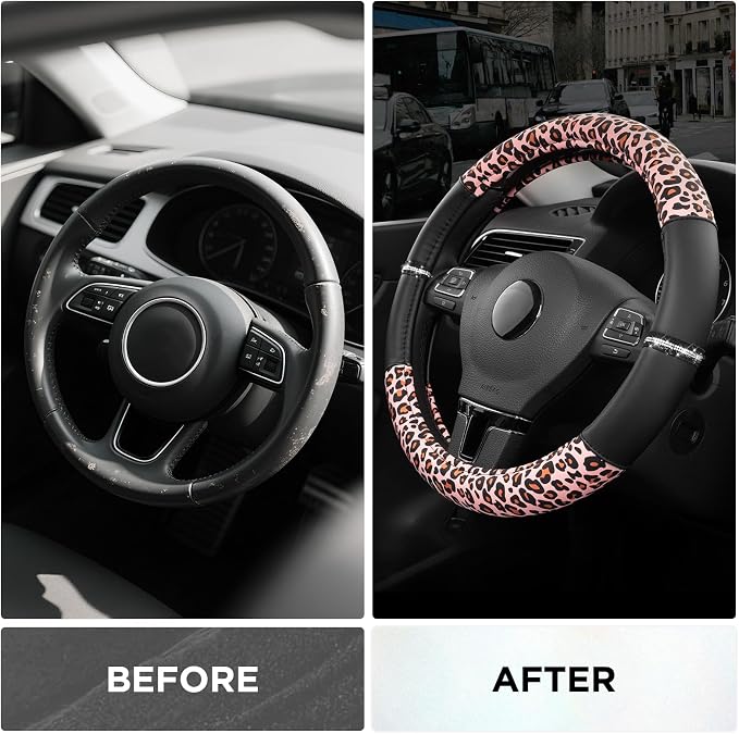 Leopard Steering Wheel Cover for Women, Cute Anti-Slip Microfiber Leather, Fits 14.5-15 Inch Steering Wheel 14.5-15 Inch - Black and Pink Cheetah