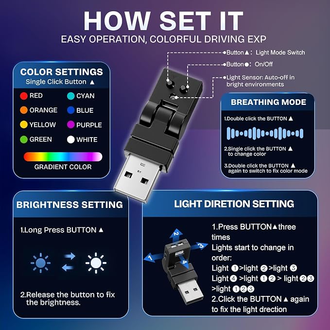 2 Pcs Mini USB LED Light Car LED Interior Lighting 5v RGB Foldable Lighting Adjustable 8 Color and Brightness Smart USB Night Lamp for Cars Laptop Keyboard (Manual Switch USB-A)