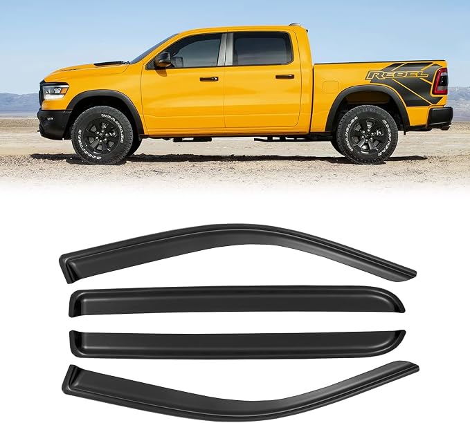 Window Rain Guards for 2019-2025 Dodge Ram 1500 Crew Cab(New Body Style), Window Visor Vent Wind Shade Deflector Rain Shield Protector Sun Visor 2020 2021 2022 2023 2024, Tape-on/Outside-Mount, 4PCS