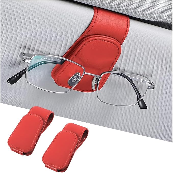 Sunglasses Holders for Car Sun Visor, Leather Eyeglasses Hanger Mounter, Magnetic Glasses Holder and Ticket Card Clip, Auto Interior Accessories Universal for SUV Pickup Truck