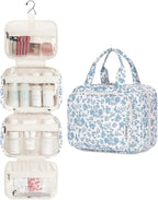 Hanging Floral Toiletry Bag for Women Travel Makeup Bag Organizer Toiletries Bag for Travel Size Essentials Accessories Cosmetics (Blue Flower (Medium))