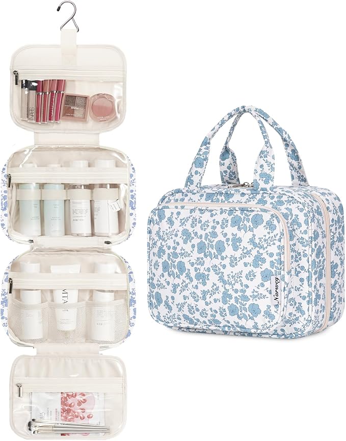 Hanging Floral Toiletry Bag for Women Travel Makeup Bag Organizer Toiletries Bag for Travel Size Essentials Accessories Cosmetics (Blue Flower (Medium))