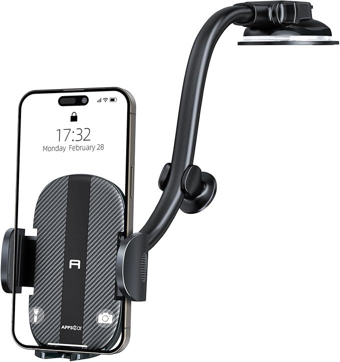 Gooseneck Car Phone Holder Heavy Duty Dashboard Windshield Phone Mount, Flexible Long Arm, Anti-Shake Stabilizer, Solid Suction Cup Phone Mount for All Cell Phones - Carbon Fiber Pattern